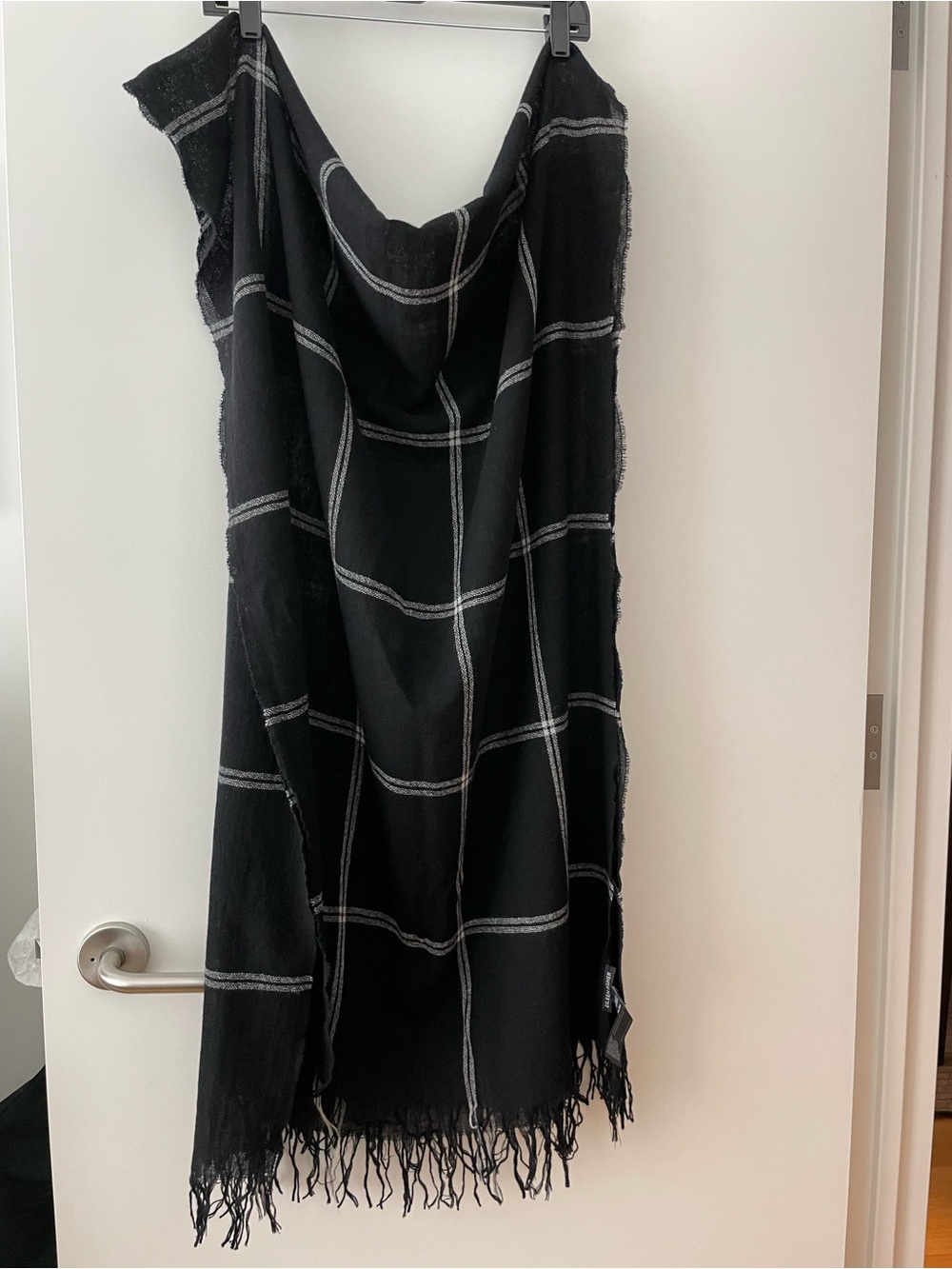 Eileen Fisher Black Windowpane very long scarf/wrap with Fringe detail